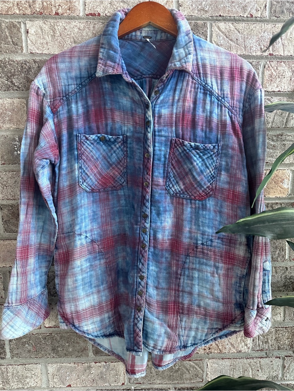 Super soft Free People Blue Red Plaid Oversized Flannel Button-Down Shirt XL